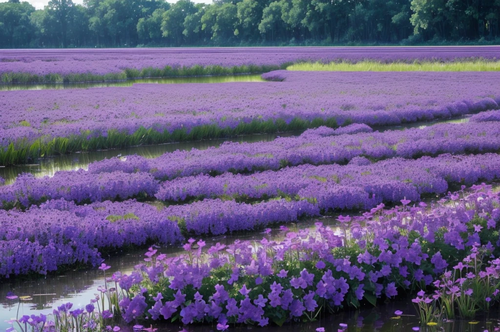 purple flowers are growing near a body of water, spirited water plants, vicious snapping alligator plant, aquatic plants, river with low hanging plants, vegetation and flowers, mediumslateblue flowers, marsh vegetation, aquatical plants, beautiful image, blue and purple plants, indigo blooming flowers garden, bullrushes, 2000s photo, salvia