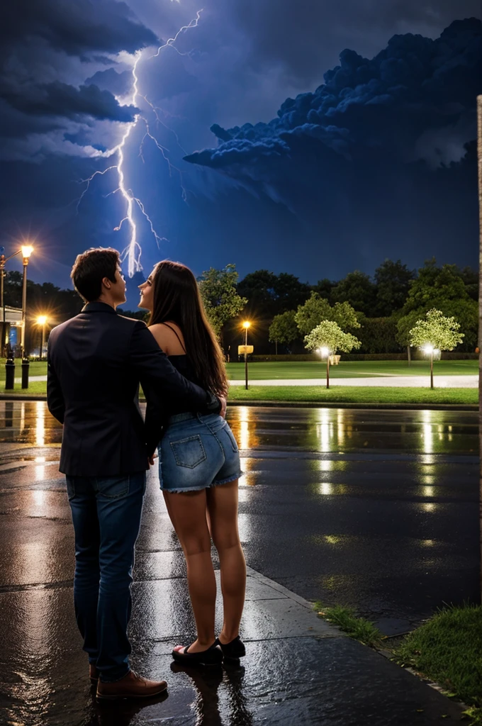 Lovers in background heart and thunder rain
