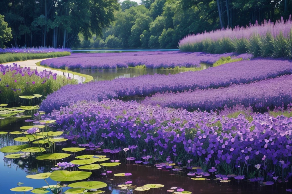 purple flowers are growing near a body of water, spirited water plants, vicious snapping alligator plant, aquatic plants, river with low hanging plants, vegetation and flowers, mediumslateblue flowers, marsh vegetation, aquatical plants, beautiful image, blue and purple plants, indigo blooming flowers garden, bullrushes, 2000s photo, salvia