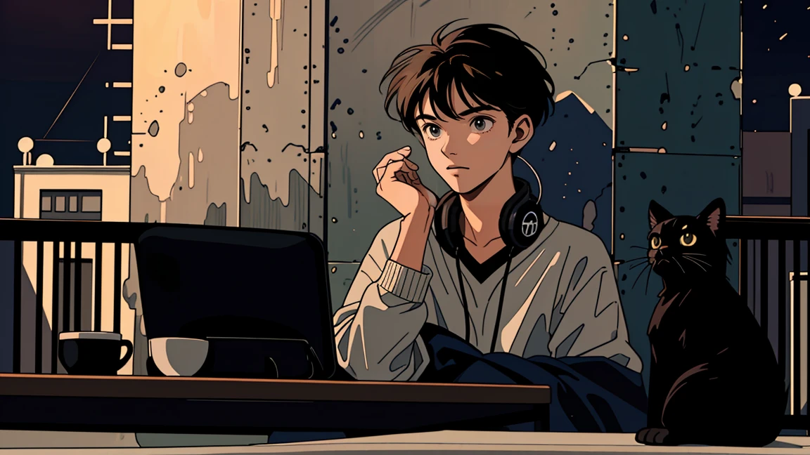 best quality, 8k, 1990s style,2010s hairstyles, 21-year-old boy, black hair,  light brown eyes, city pop, pants ,night view, wearing headphones, whole body,  relax coffee,table,confection,Looking at me, Black cat
