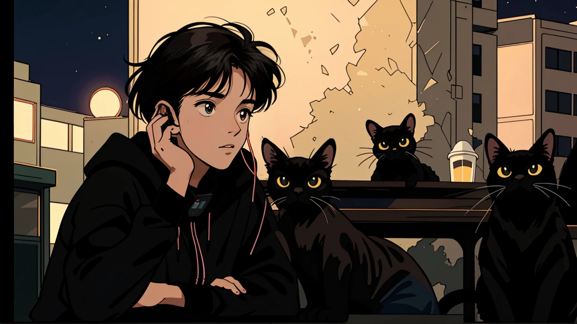 best quality, 8k, 1990s style,2010s hairstyles, 21-year-old boy, black hair,  light brown eyes, city pop, pants ,night view, wearing headphones, whole body,  relax coffee,table,confection,Looking at me, Black cat
