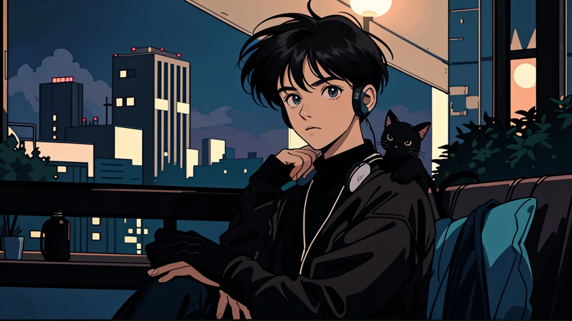 best quality, 8k, 1990s style,2010s hairstyles, 21-year-old boy, black hair,  light brown eyes, city pop, pants ,night view, wearing headphones, whole body,  relax coffee,table,confection,Looking at me, Black cat
