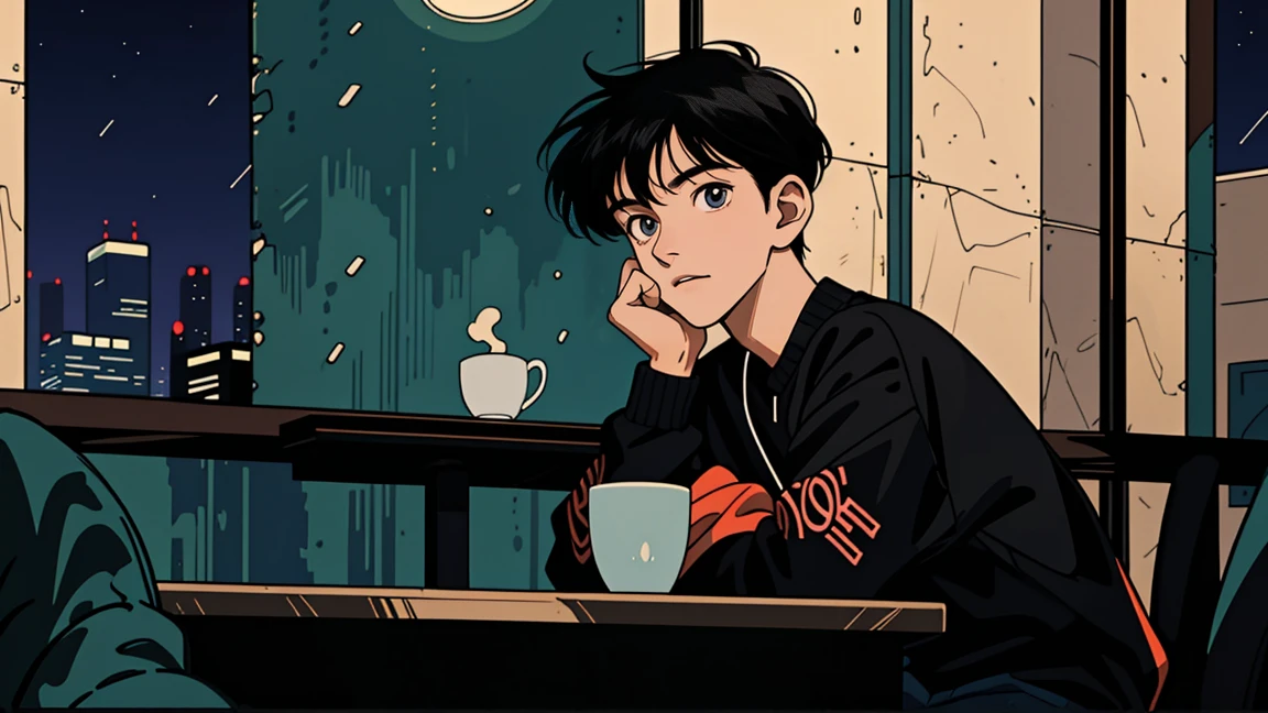 best quality, 8k, 1990s style,2010s hairstyles, 21-year-old boy, black hair,  light brown eyes, city pop, pants ,night view, wearing headphones, whole body,  relax coffee,table,confection,Looking at me, Black cat
