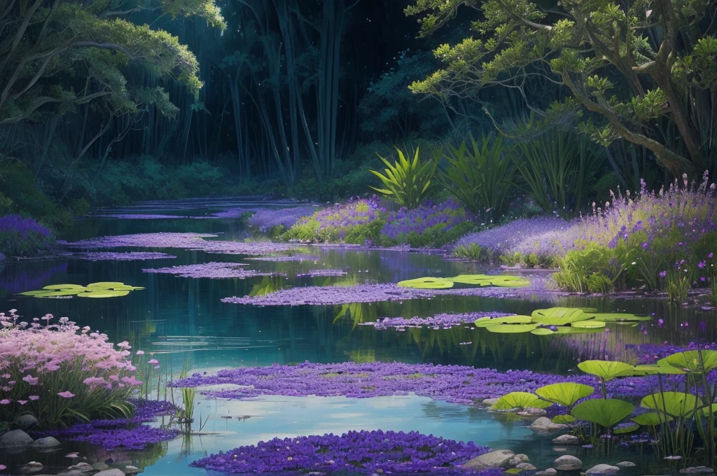 purple flowers are growing near a body of water, a digital rendering by Robert Brackman, flickr, sōsaku hanga, spirited water plants, vicious snapping alligator plant, aquatic plants, river with low hanging plants, vegetation and flowers, mediumslateblue flowers, marsh vegetation, aquatical plants, beautiful image, blue and purple plants