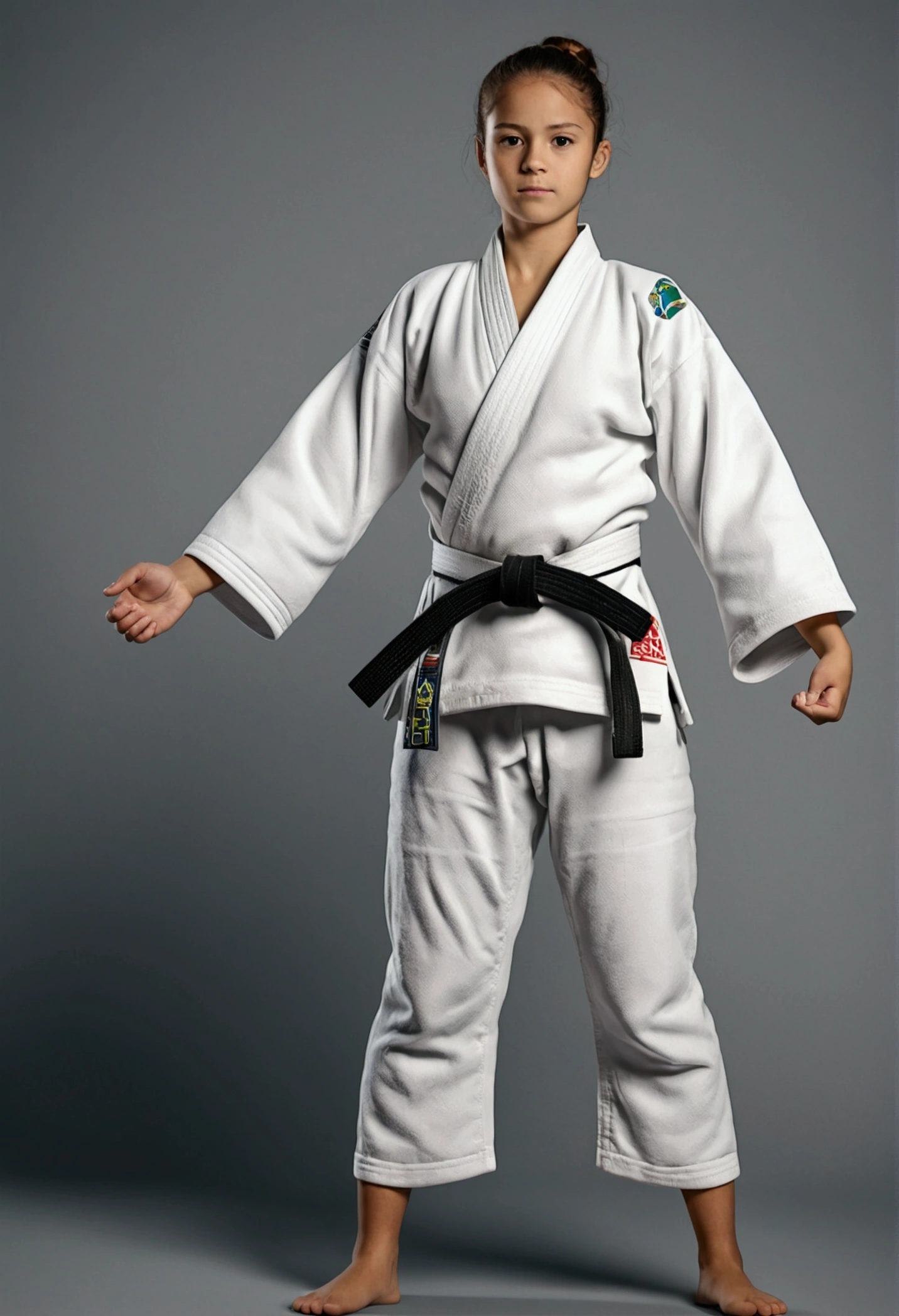 Brazilian jiu-jitsu woman wearing white belt, kimono and white belt, with parallel arms next to the body, woman in a standing position in full body, soft and friendly face 's studies, 8k, hyper realistic, detailed.
