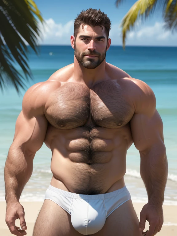 muscular white men in their 30s playing together, hairy chest, dark hair, dominant handsome appearance, thick and hairy forearms, wearing tight colorful speedos, posing on a sunny beach, natural lighting, large pectoral and abdominal muscles, hairy armpits, thick huge thighs, big bulge, staring directly at the viewer, (best quality,4k,8k,highres,masterpiece:1.2),ultra-detailed,(realistic,photorealistic,photo-realistic:1.37),erotic,beach,sunny,natural lighting