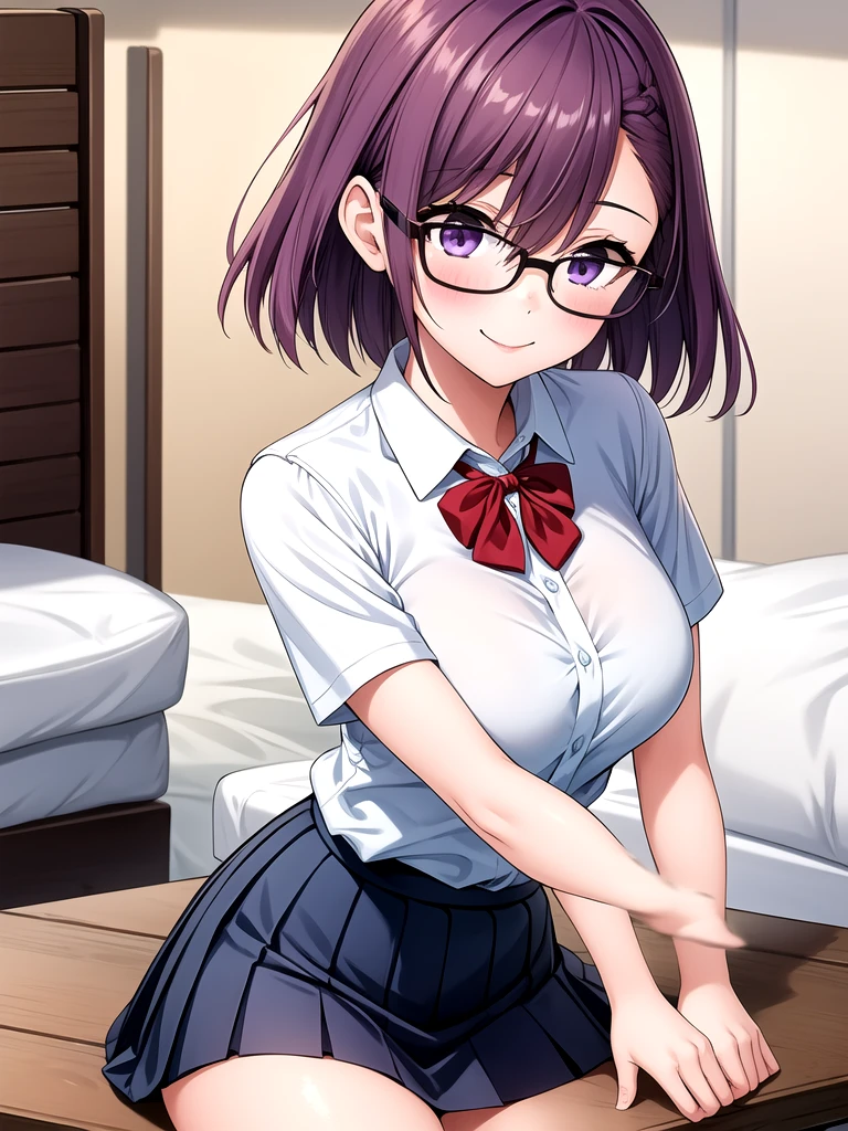 1girl, cowboy shot,porn, smile, glasses, 
nitengojigen_ririsa, purple eyes, purple hair, short hair, bangs, lace underwear, short sleeves, Show your breasts,sex, pleated skirt, best quality, masterpiece, highres, sleep position,