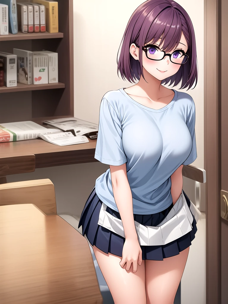 1girl, cowboy shot,porn, smile, glasses, 
nitengojigen_ririsa, purple eyes, purple hair, short hair, bangs, lace underwear, short sleeves, Show your breasts,sex, pleated skirt, best quality, masterpiece, highres, sleep position,