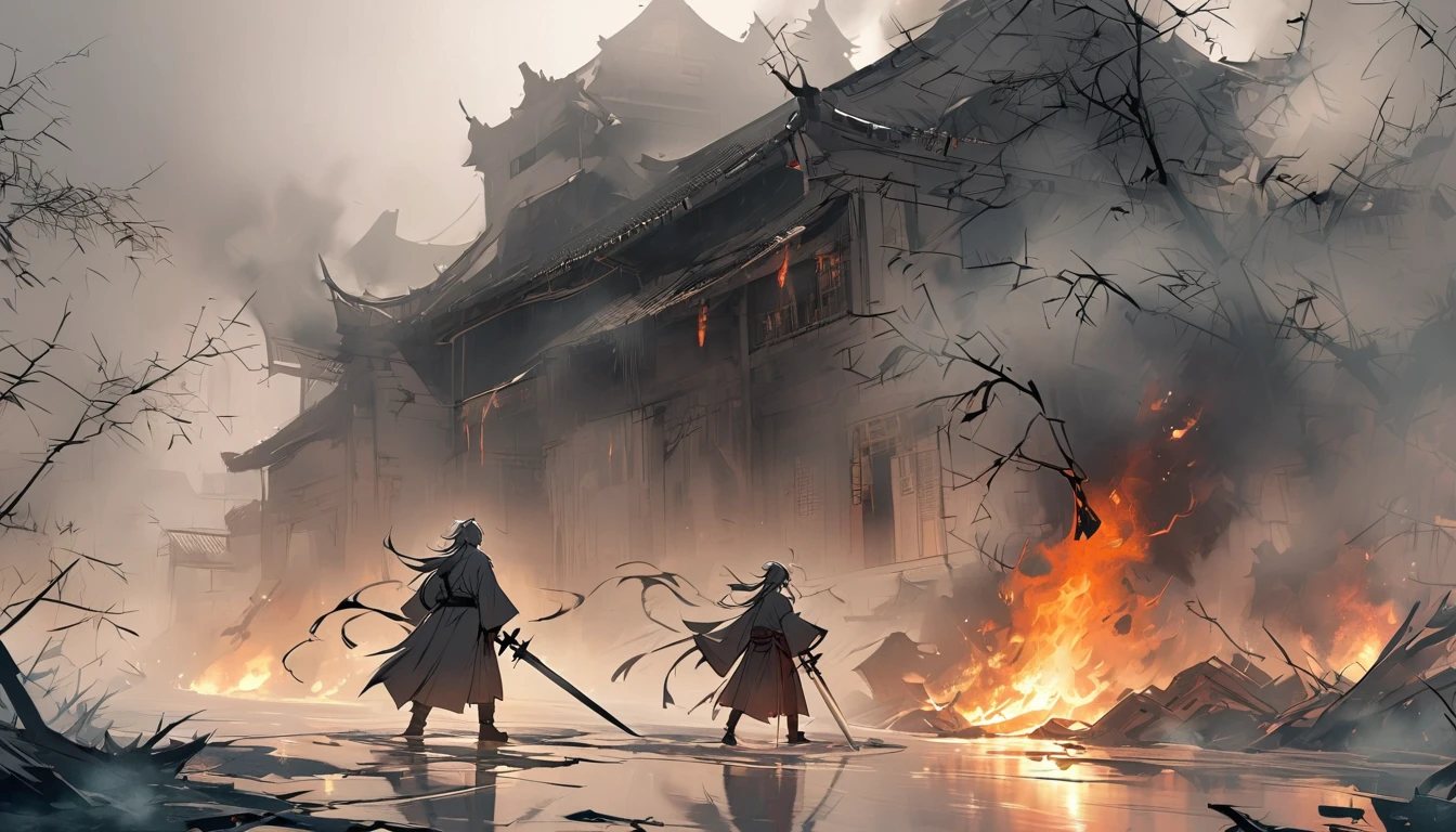 In the style of Chinese anime, flat coloring, dramatic scene: Ancient Chinese palace engulfed in flames. The fire engulfs the walls, smoke spreads across the floor. Liu XuanTian, ​​wounded, holding his sword, stands opposite Lao Zi, who looks at him with cold confidence.