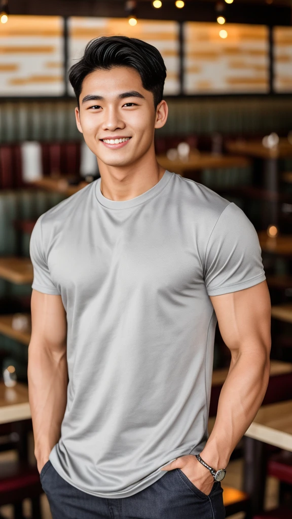 single: 1.5, (ที่TRUEแล้ว, Masterpiece, 8k HD, good light quality, sportswear, to fit the face, complicated details), A handsome Korean man with muscular arms.. , 20 years old, be happy, smile brightly, detailed face, delicate eyes, look at the sky, Wearing a tight gray t-shirt:1.6 ,Wear a denim coat.., Jeans era, black eyes, Black hair color, ผมsmooth, smooth，SurTRUE，Excellent details，Highest quality，TRUE，Open your mouth to talk.. , Close your eyes.., (Standing in a restaurant:1.5)