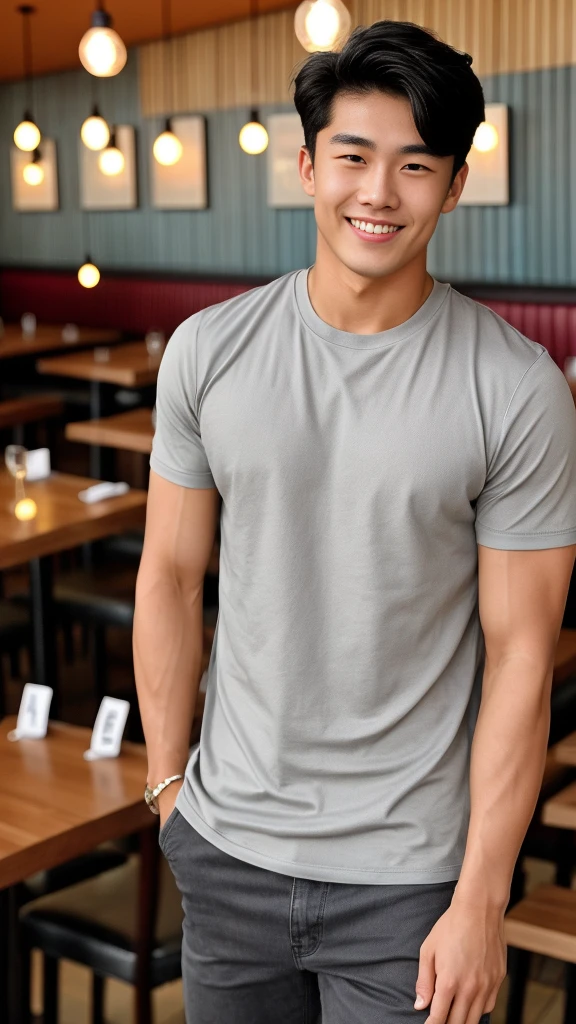 single: 1.5, (ที่TRUEแล้ว, Masterpiece, 8k HD, good light quality, sportswear, to fit the face, complicated details), A handsome Korean man with muscular arms.. , 20 years old, be happy, smile brightly, detailed face, delicate eyes, look at the sky, Wearing a tight gray t-shirt:1.6 ,Wear a denim coat.., Jeans era, black eyes, Black hair color, ผมsmooth, smooth，SurTRUE，Excellent details，Highest quality，TRUE，Open your mouth to talk.. , Close your eyes.., (Standing in a restaurant:1.5)