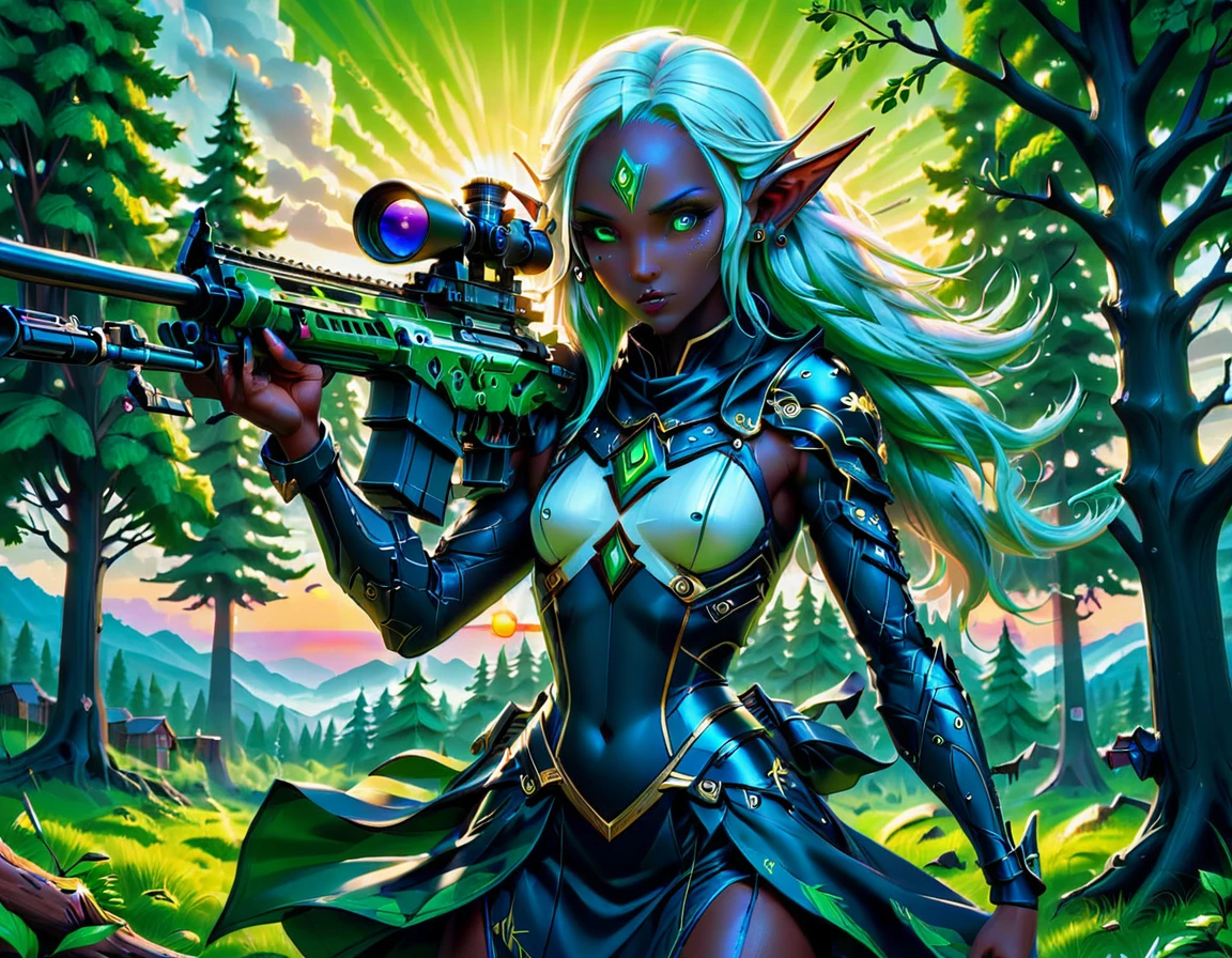 a portrait picture of a 1single female drow elf sniper, lying on a tree branch aiming a sniper rifle, an exotic beautiful elf sniper, white hair, braided hair, (black skin: 1.3),  intense purple eyes, ultra detailed face, small pointed ears, forest green camouflage cloths, on top of a epic fantasy tree, aiming a Barret M82, fantasy fores background, its sunset, sun rays, some clouds,  (full body shot: 1.1) , vibrant, Ultra-high resolution, High Contrast, (masterpiece:1.5), highest quality, Best aesthetics), best details, best quality, highres, ultra wide angle, 16k, [ultra detailed], masterpiece, best quality, (extremely detailed) Sniper Rifle, Intense gaze
