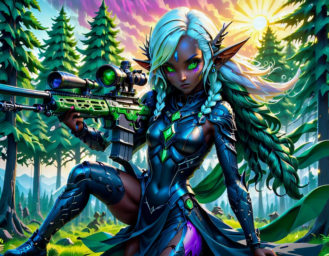 a portrait picture of a 1single female drow elf sniper, lying on a tree branch aiming a sniper rifle, an exotic beautiful elf sniper, white hair, braided hair, (black skin: 1.3),  intense purple eyes, ultra detailed face, small pointed ears, forest green camouflage cloths, on top of a epic fantasy tree, aiming a Barret M82, fantasy fores background, its sunset, sun rays, some clouds,  (full body shot: 1.1) , vibrant, Ultra-high resolution, High Contrast, (masterpiece:1.5), highest quality, Best aesthetics), best details, best quality, highres, ultra wide angle, 16k, [ultra detailed], masterpiece, best quality, (extremely detailed) Sniper Rifle, Intense gaze
