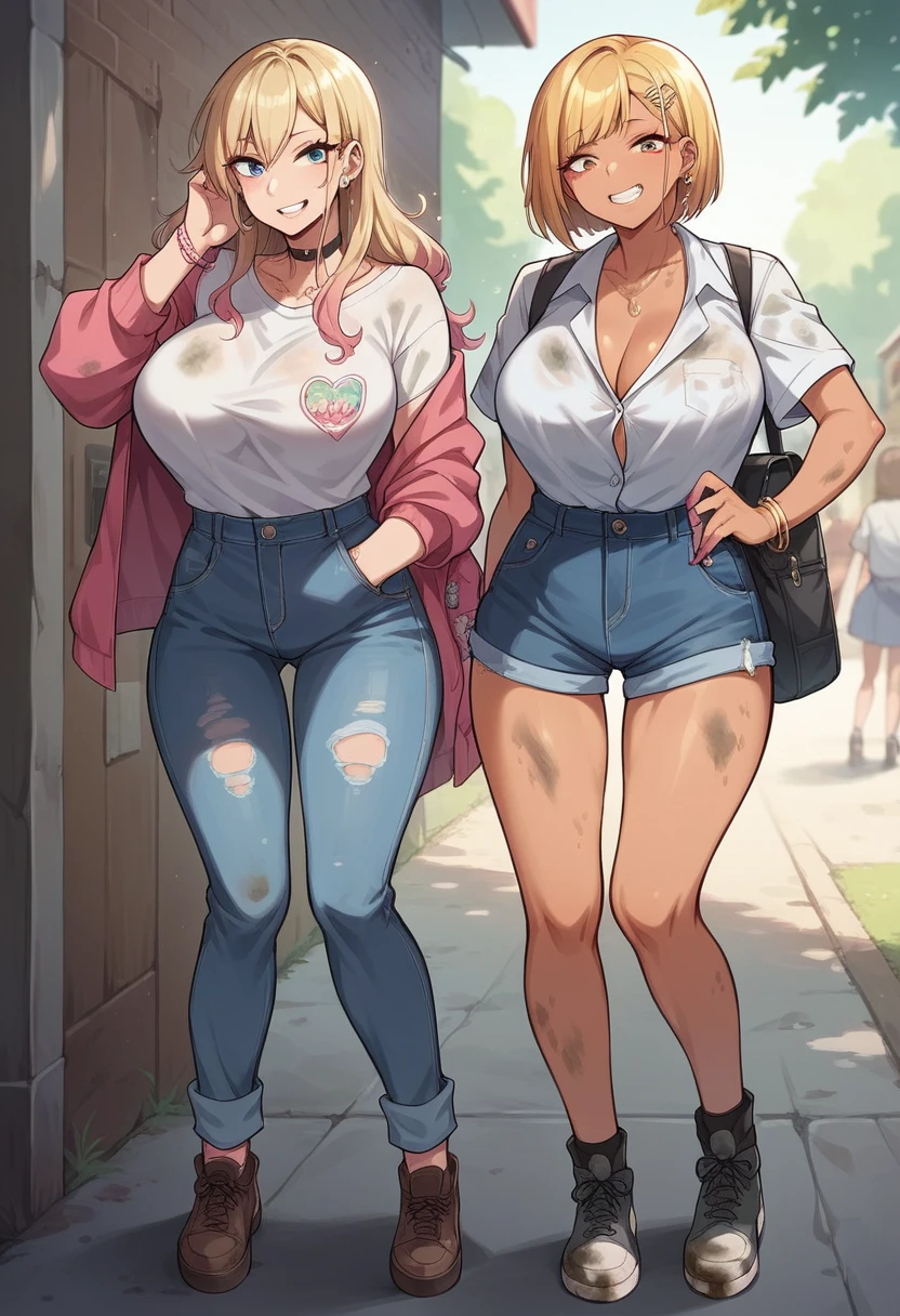 2girls, massive breasts and hips and butt, any outfit, undersized outfit, clothes tearing, any place, abandoned area, dressing or undressing, any fur color and pattern, heterochromia [any eye colors and pupils]