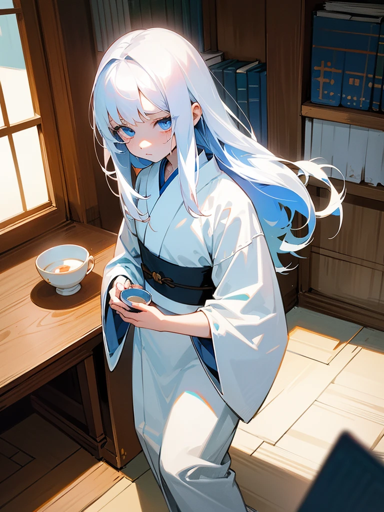 Young girl, 8yo, long  white hair, wearing white kimono, blue colored eyes, holding a porcelain cup with blood inside, is in an 80s style office, books around, wood floor, Grieving, sad, pale skin, sickened appearance