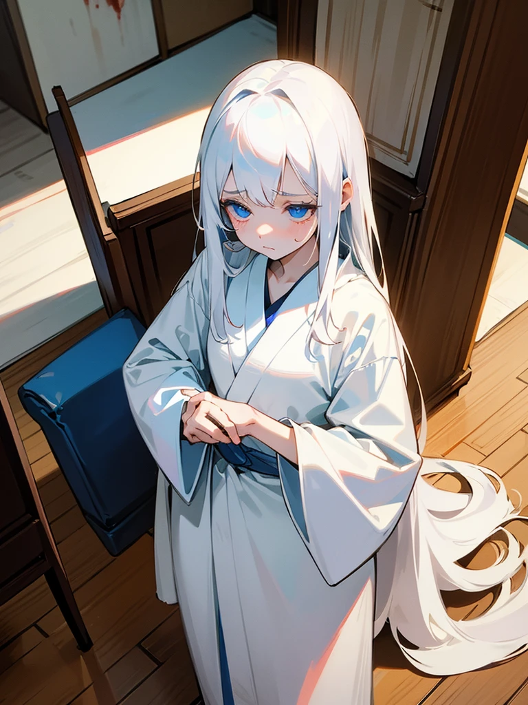 Young girl, 8yo, long  white hair, wearing white kimono, blue colored eyes, holding a porcelain cup with blood inside, is in an 80s style office, books around, wood floor, Grieving, sad, pale skin, sickened appearance