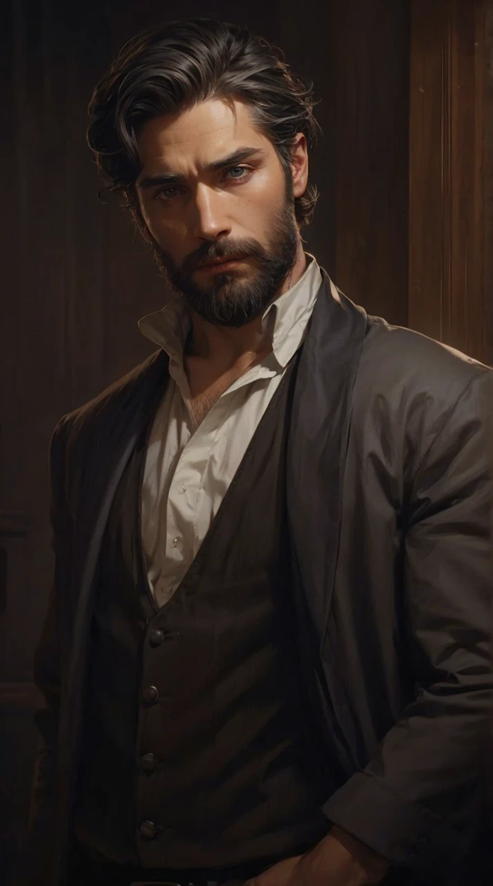 this image makes me better, where he has the same hair but with some white streaks and some thin white strands, a medieval nobleman's outfit, he has a golden sword and his clothes have the symbol of a phoenix, your beard has some white strands too and green eyes.