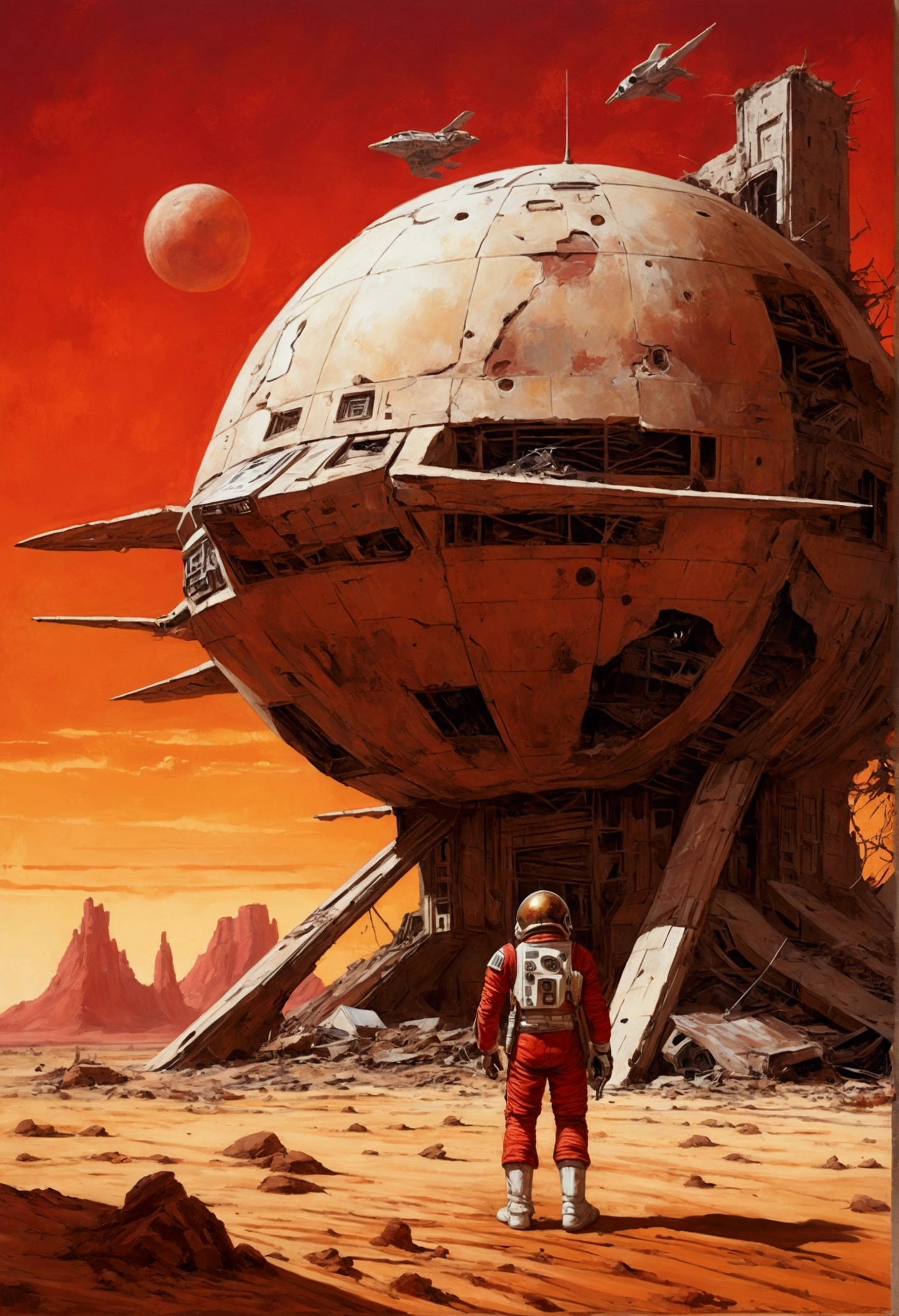 spaceship、Painting style naturalism in the style of the movie star wars.Desert Star, Red scorched sky、Destroyed building looking for a spacesuit、Giant fighter, photorealism