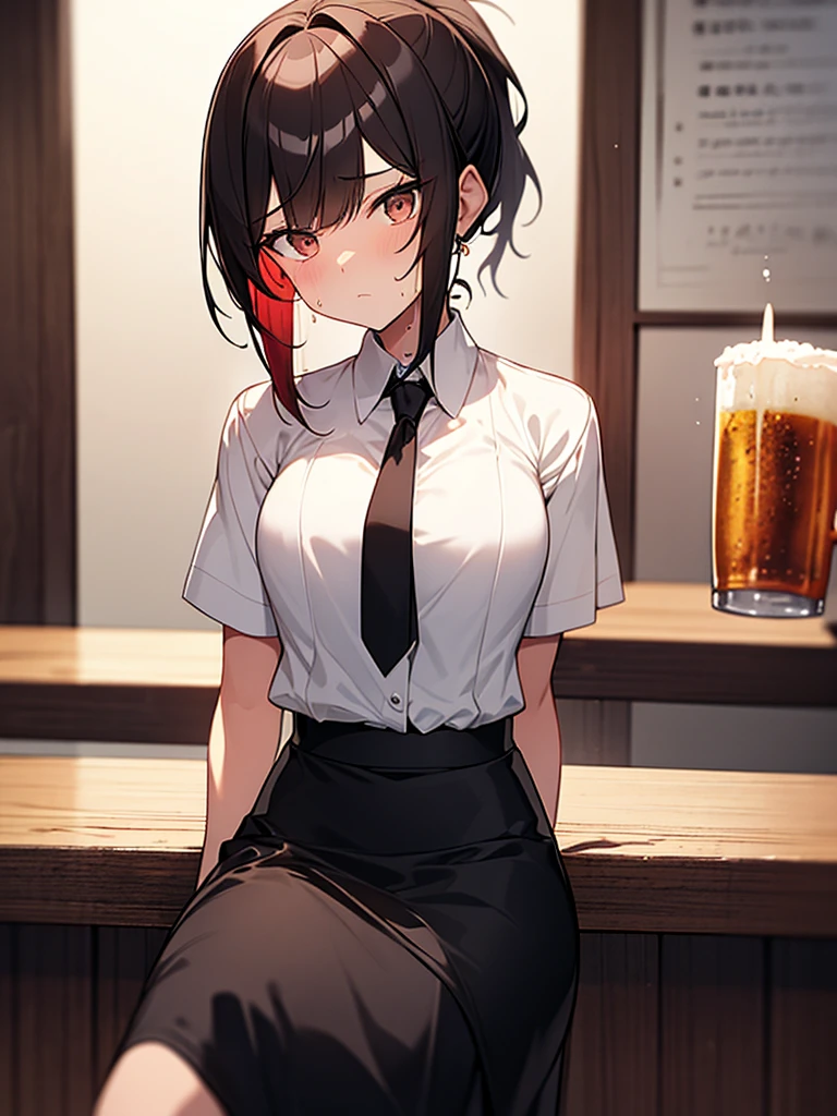 1. Tall woman, bar, sitting on wooden chair, gloomy expression, shadow on forehead, drunk, very red face, sweat, rolling eyes, drinking beer from a large mug, white collared shirt, short sleeves, black skirt, short black hair, ponytail:1.9. Red hair tie, straight hair, swept bangs to the side:1.9. Slanted eyes, brown eyes, tall, strong-willed, beautiful