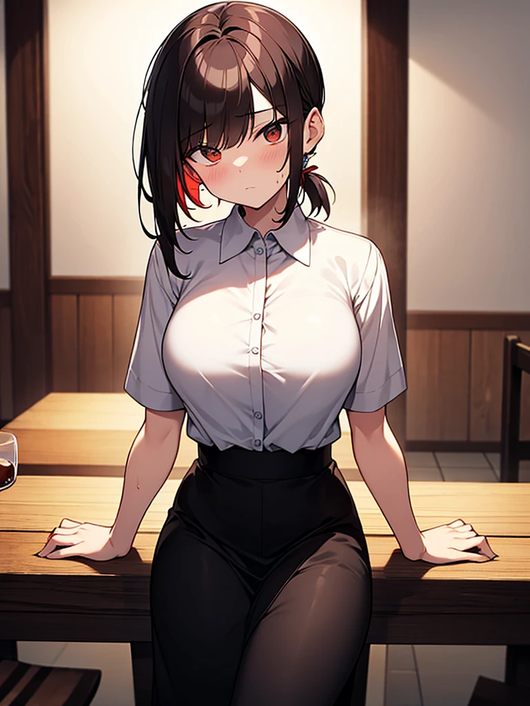 1. Tall woman, bar, sitting on wooden chair, gloomy expression, shadow on forehead, drunk, very red face, sweat, rolling eyes, drinking beer from a large mug, white collared shirt, short sleeves, black skirt, short black hair, ponytail:1.9. Red hair tie, straight hair, swept bangs to the side:1.9. Slanted eyes, brown eyes, tall, strong-willed, beautiful