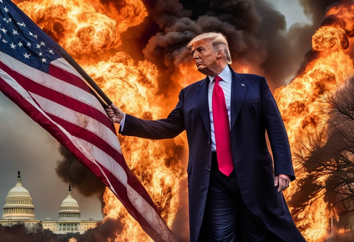 Incredible detailed photography of Donald Trump in post-apocalyptic Washington D.c., burning the american flag, violence, High-resolution face, piercing eyes, , smiling,Anti-aliasing, fxaaa, De-Noise, Post production, sound effects, insanely detaileda & intricate, hypermaximalist, chic, ornated, hyperrealisti, super verbose, black coloration, serene, 16K resolution, whole body,