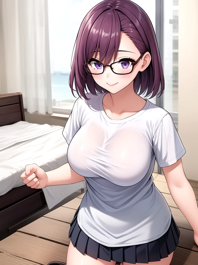 1girl, cowboy shot,porn, smile, glasses, 
nitengojigen_ririsa, purple eyes, purple hair, short hair, bangs, lace underwear, short sleeves, Show your breasts,sex, pleated skirt, best quality, masterpiece, highres, sleep position,