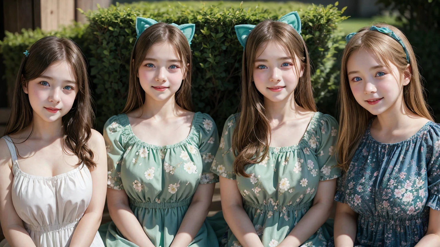 (3 girls), Young faceอินโดนีเซีย, smile, white skin, Round breast, blue eyes,(Wearing a green round neck dress with an elegant floral pattern.)Masterpiece, Highest quality, 8k, beautiful girl, Young face、 photography, Cute face, thigh,embarrassing valley、รอยsmile、(((((())))))、small waist,((Busty breasts))blue eyes(((big breasts:1.0)))cat ears