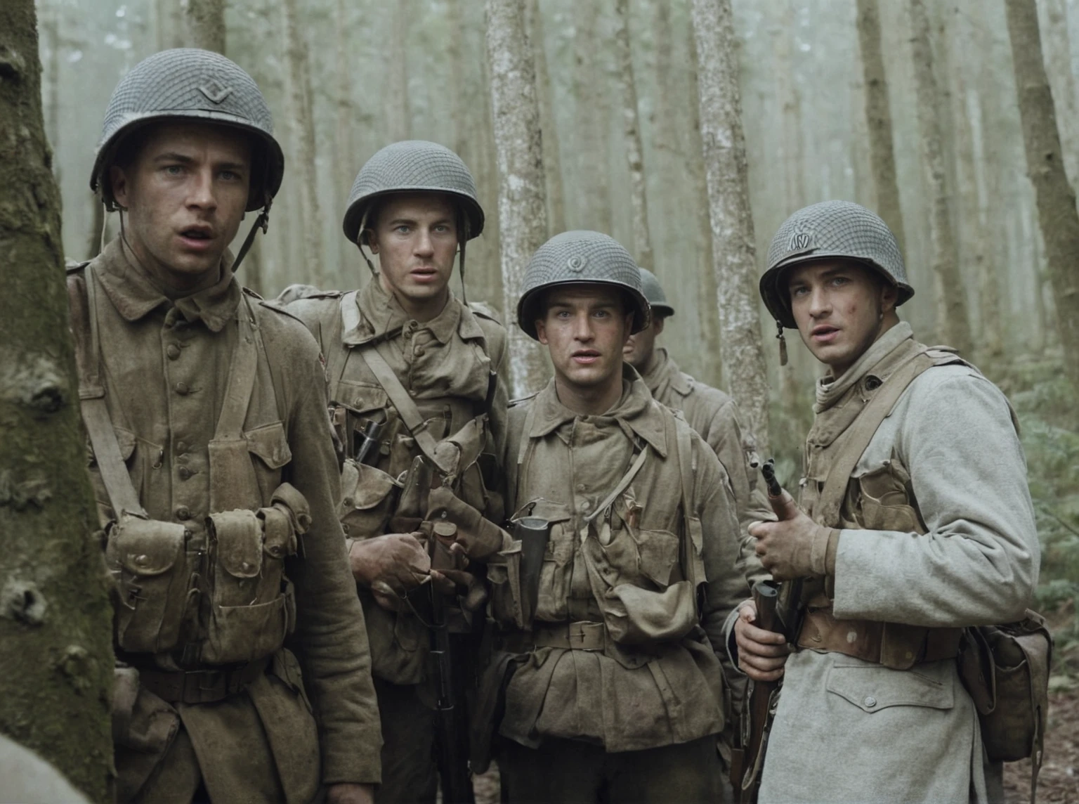 soldiers in uniforms stand in a forest with trees, band of brothers, ww1 film photo, several soldiers, soldiers, still from a live action movie, # film, ww2 era, still from the film, still image from the movie, wartime footage, ww2, ww 2, still from the movie, full color still, screenshot from a movie, in trenches