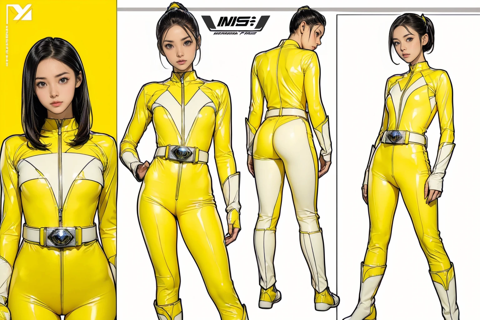 ((masterpiece)),(((Highest quality))),((Reference Sheet, Character Design, front, return, ~ ~ ~ side, Mr...々Hairstyle, Mr...々performance, Facial Expressions)), , Cute type, (Very slim:1.4), (Very small ass:1.4), Realistic buttocks, Big Breasts, Short Bob, Thin thighs, Long legs, ((Light Yellow Enamel Power Rangers、Wearing a pale yellow leather full body suit、Large emblem on the chest、Always wear a belt with a large buckle, White suit、Truly a Sentai hero)), ((Browsing Caution:1.0))