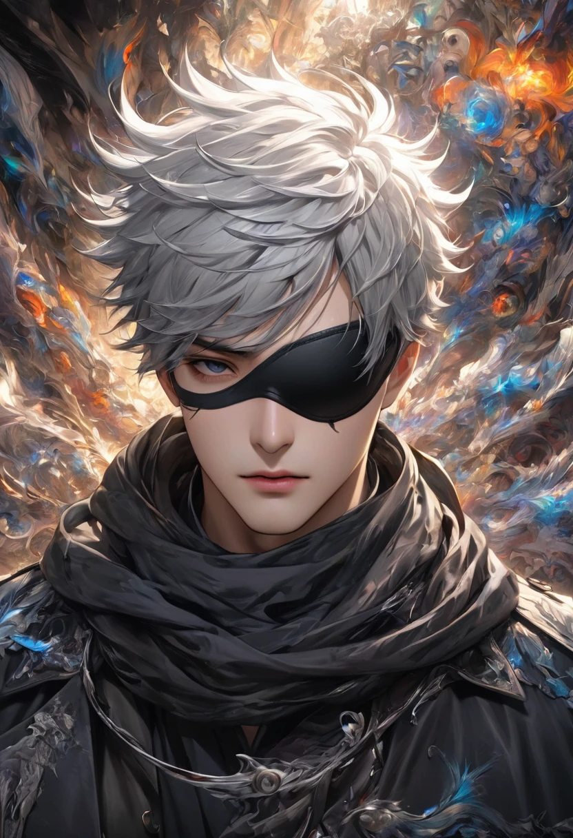 ( 正確Perfect anatomical structure )一名身穿黑色衬衫的男孩載 Single eye black eyepatch ( Single eye black eyepatch)、scarf, gray hair, Close up high dynamic range of man with spiky hair and white hair pointing gun forward dynamic sniper ( perfect anatomy ) Aim forward and emit bright light ( Perfect anatomical structure ) Handsome black jacket blue silver shiny swirling high dynamic vortex around man, Vortex Dynamic Masterpiece Perfect Composition Intricate Details Meticulous Digital Art