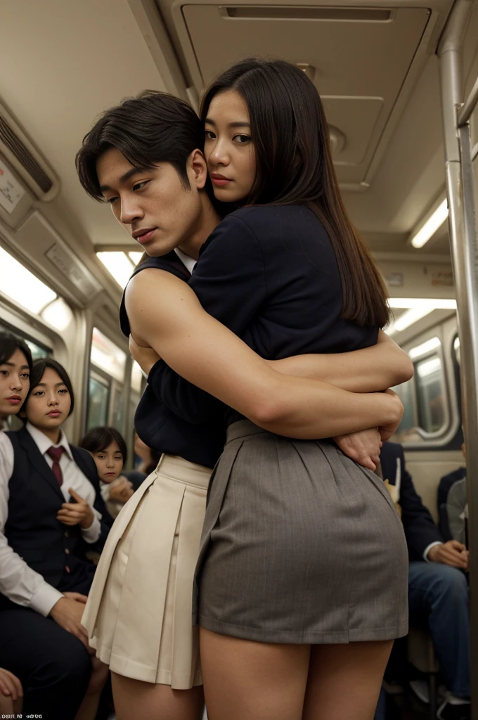 YES NSFW, [(Handsome man hugging woman from behind)], crowded train, Spanish woman, Spanish prostitute, Spanish bitch, Spanish whore, Spanish harlot, Handsome man hugging her from behind, Talking in her ear, lift her up, miniskirt twisted upwards, 40k, photograph, masterpiece, highest quality, dark gray background, ((Japan girls' high school uniform)), An elderly man leans on her from behind、I held you up, Mr.々Hit the pose. 々, 々.