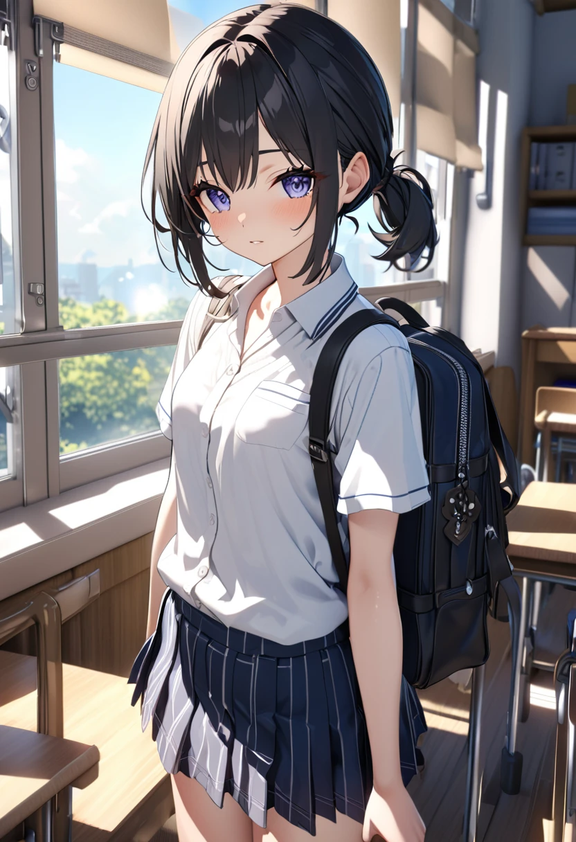 （（Browsing Caution））（masterpiece）（Highest quality）（Very detailed）1 female，17 years old，Japanese，155cm，high school student　Black Hair,short hair,bag,Short Ponytail,, Short sleeve shirt,blouse　Transparent　Short skirt　(Small breasts)　School,classroom,window,sunlight,blue sky　whole body　座ってる　3d