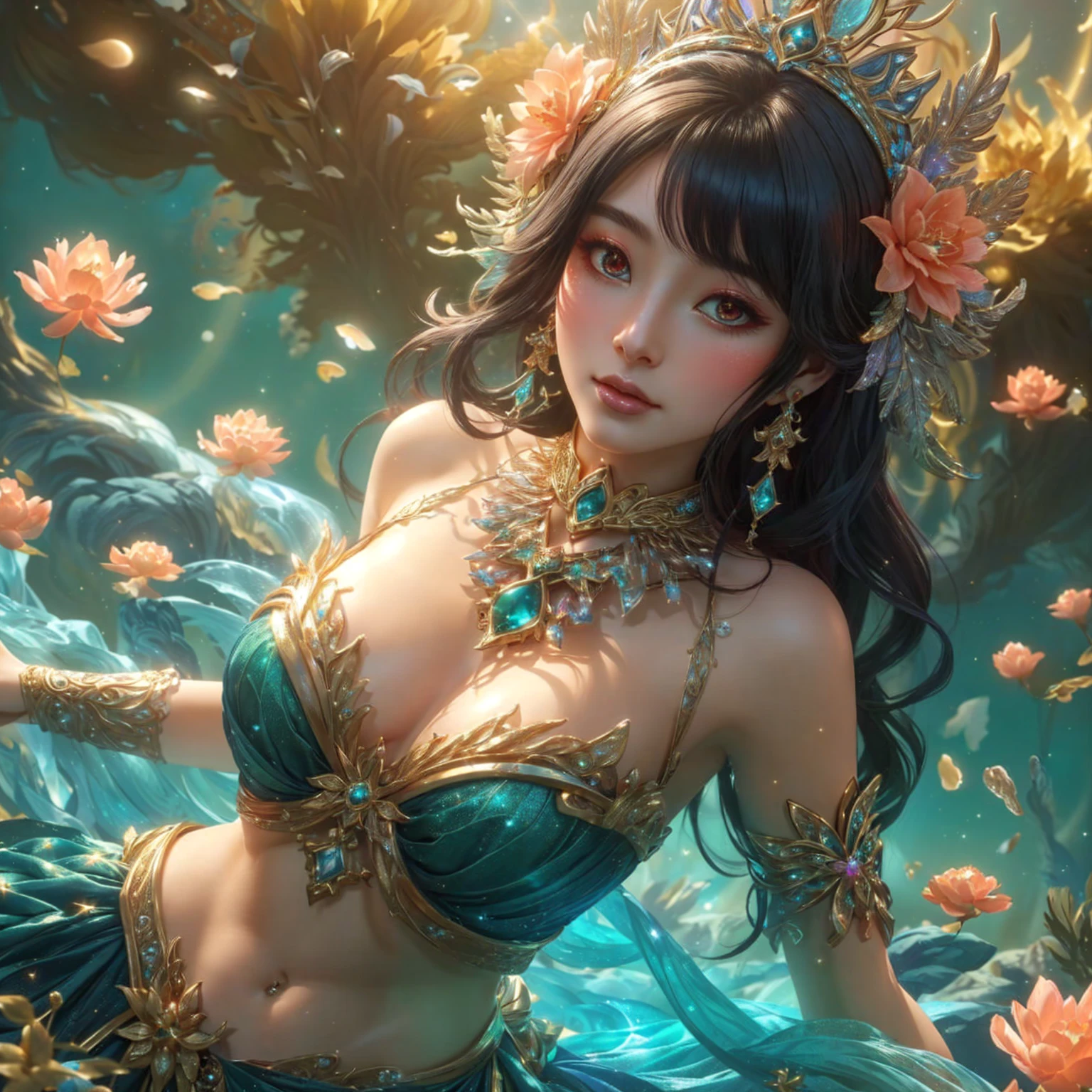 woman ,  Blue left eye , red right eye , pink mouth ,Dressed in gold, standing in front of a crescent moon., goddess of heaven, goddess of the moon, anime goddess, beautiful heavenly mage, lunar goddess, Moon Goddess, Golden Lotus Princess, Goddess of the Galaxy, Beautiful Fantasy Empress, ((Beautiful Fantasy Empress)), Goddess and Moon, As the sun goddess,, Goddess of space and time , Branded stockings for sale in black and gold , Fine gold jewelry