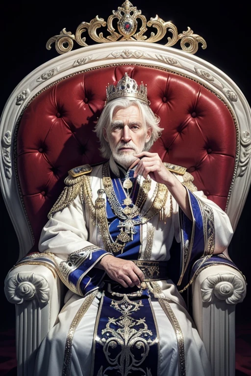 Elderly gentleman, white hair with king crown, sitting in the throne, majesty dress