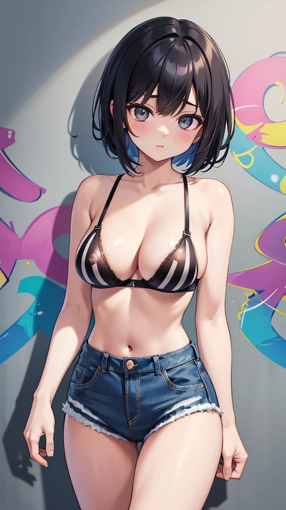 Areola、(Cowboy Shot), (Highest quality, Ultra-high resolution, Written boundary depth:1.2), Adult, 1 female, Toned body, Mid-chest, Wide Hips, alone, Black Hair, Striped Hair, short hair, bangs, (((Black bra,show off nipple))), Denim shorts, (graffiti:1.4), Painted clothing, Hunchback, Against the wall, View your audience, Upturned eyes, Tilt your head, boredom, Place your arms at your sides and relax..