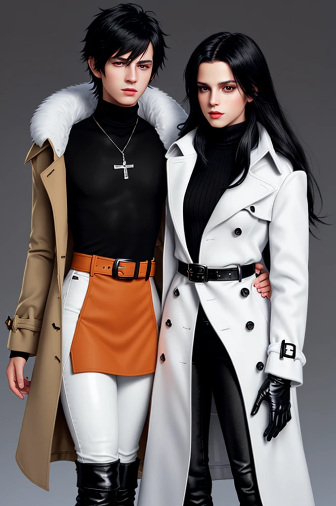 Final fantasy taste and reality graphics, Japanese young cute and cool ikemen  boy and cute and beauty girl,,boy and girl couple, both age is early 20s, thin eyebrows and beady eyes, girl is black long hair, boy wearing orange beige color double brest very thick trench coat, with a black color neck fur.,neck fur is black color, must black neck fur,
Must tighten your belt of coat, with epaulet, must close the front of the trench coat,, must trench coat cloth the front, also wearing black very thick turtleneck lackluster shirts,  tight black leather pants, shiny black leather tight and must put on a thin leather glove both hands, black leather knee-high raceup boots,
Girl wearing white colordouble brest very thick long coat,Must tighten your belt of coat, must trench coat cloth the front, also wearing black very thick turtleneck lackluster shirts,  tight black leather pants, shiny black leather tight and must put on a thin leather glove both hands, black leather knee-high raceup boots,must views  head-to-toe,must views whole body, boy and girl looks like fashion model,Do not show skin from the neck down,leather jacket leather glove and leather pants have few wrinkles,boy in the room,,Avoid showing your innerwear,must close coats waist belt.