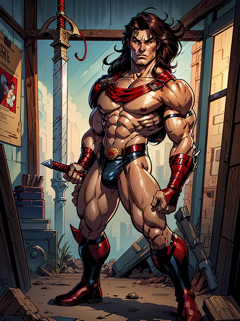 realistic illustration, comic book style, marvel comics aesthetic, a man, warrior, strong and muscular, long black hair down to his shoulders, brown eyes, (with a sword sheathed behind his back), wearing a leather thong and leather boots, (wearing a red gauntlet with a red glove only on his right hand)