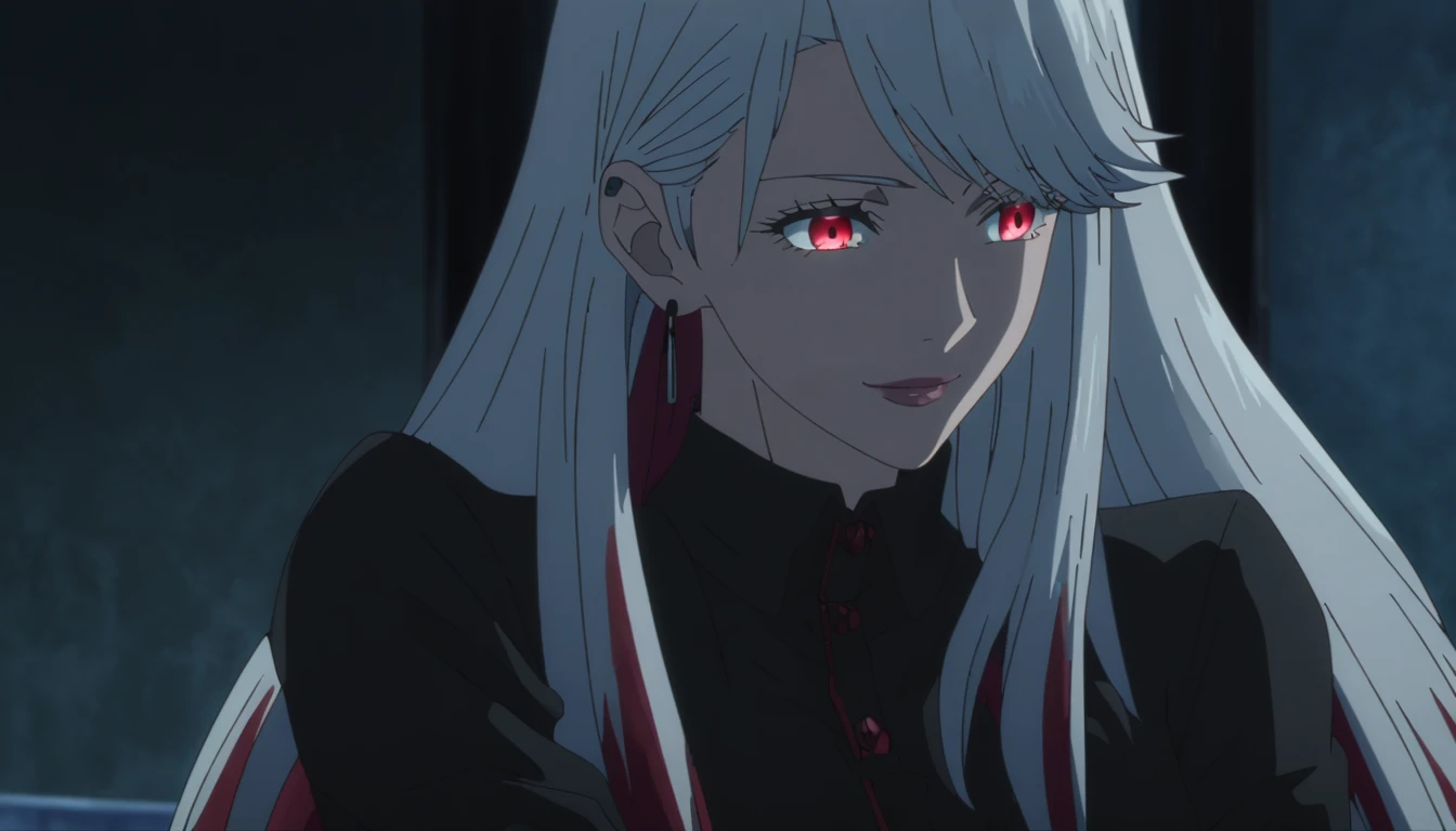 1girl, female gojo satoru, anime screencap from jujutsu kaisen, gojo satoru female version, solo, medium_hair, ((Blue universal eyes)) ((straight Silver_hair)), night view, (hanging breasts) upper_body, smile, indoors, book, green_eyes, lips, (swept bangs) ((wearing black colour outfit with button)) breast, "very detailed and high resolution" (Red eyes) (cross arms)  ((long straight hair)) ((solo)) (front view) (earings) ((high resolution)) ((good quality)) ((swept bangs)) (( silver hair with red tips)) (((multi colour hair : silver and red))), devil
