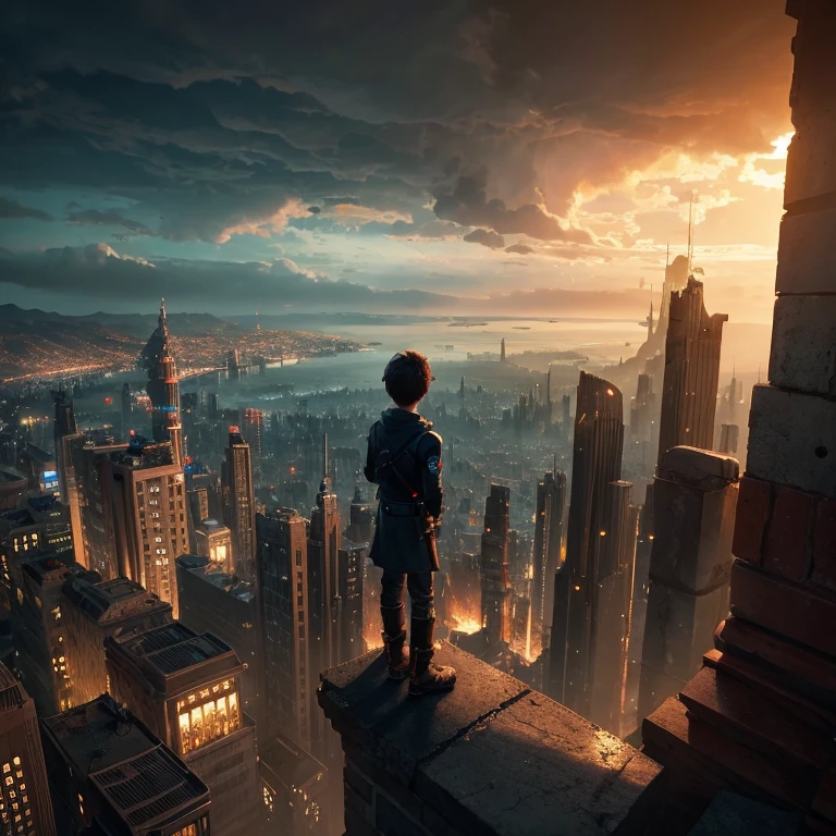 A boy looks at a futuristic city from the top of a chimney,Dramatic Light, Dramatic lighting, Cinematic,Fantasy World