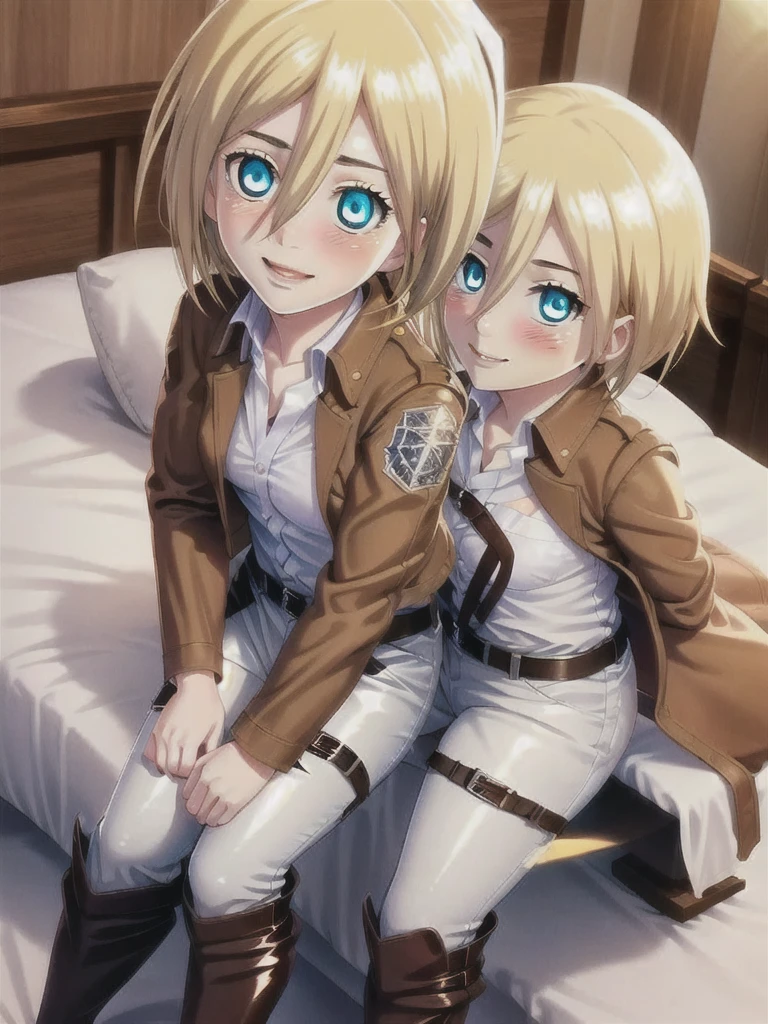 masterpiece, Highest quality, High resolution, mansion bedroom, In the middle of the night, Moonlight, Sitting on the bed, One girl, alone, View your viewers, smile, history, Krista Lentz, Blonde, blue eyes, Hair between the eyes, short hair, ponytail, Official Art, Jacket, brown Jacket, Symbolism, belt, Thigh straps, pants, white pants, boots, shirt, white shirt, collared shirt, (Tight clothing), unity 8k wallpaper, (figure:0.8), (Beautiful attention to detail:1.6), Highly detailed face, Highly detailed CG, (3D Face:1.1), (Shiny skin:1.5), (超High resolution intricate face details), (Facial skin pores:1.3), 超High resolution cloth texture, Shining Eyes, Perfect Eyes, Glowing Eyes, shy smile, Blushing, Open your mouth, Showing off her perfect legs, Swayback stance:1.5, armpit:1.6, arms behind back