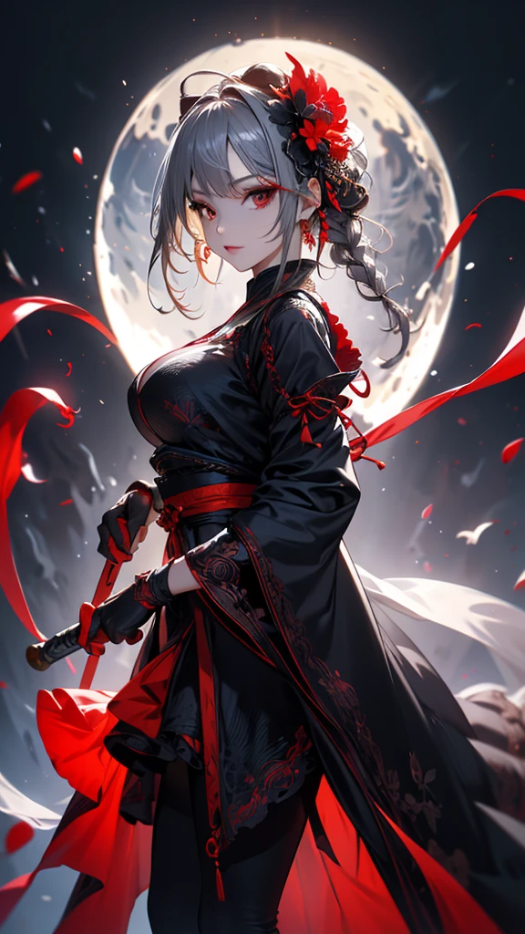 masterpiece, high quality, 4K, Beautiful design, silhouette,Gray Hair, 非常に詳細な夜のStarry Sky,Flower Field, wonderful, Finer details, Very knowledgeable woman, Highly detailed solo, 1 female,Red eyes,Big Breasts,Red Gothic ta Fashion,Night view,Starry Sky,Red full moon,