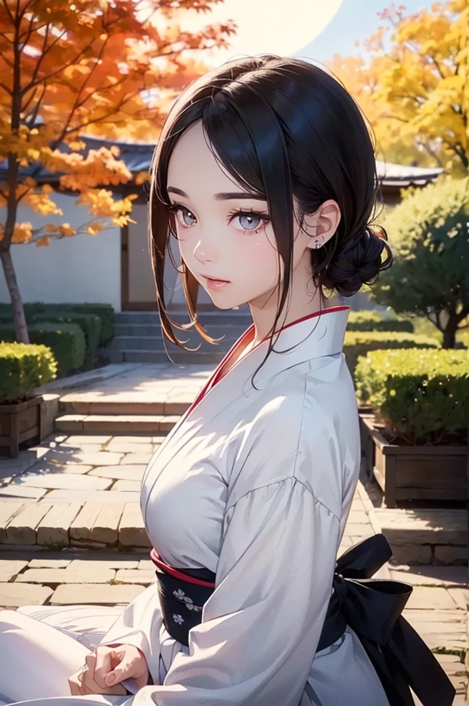 (Official art、Best Quality、Unity 8k Wallpapers、32K、​masterpiece、ultra-detailliert、超A high resolution、Oil painting style:1.2)、A slender、Medium bust、(Full body:1.2)、(sideshot、Looking away:1.2)、Highly detailed background、Realistic pupils、Sharp pupils、blurry backround、Beautiful girl in yukata、(very detailed face and eyes、beauitful face、super detailed skin、detailed skin textures:1.3)、Japan garden、cowboy  shot、Sit on the porch、moonlights、One full moon in the sky、Moon、dumpling、Autumn landscape、