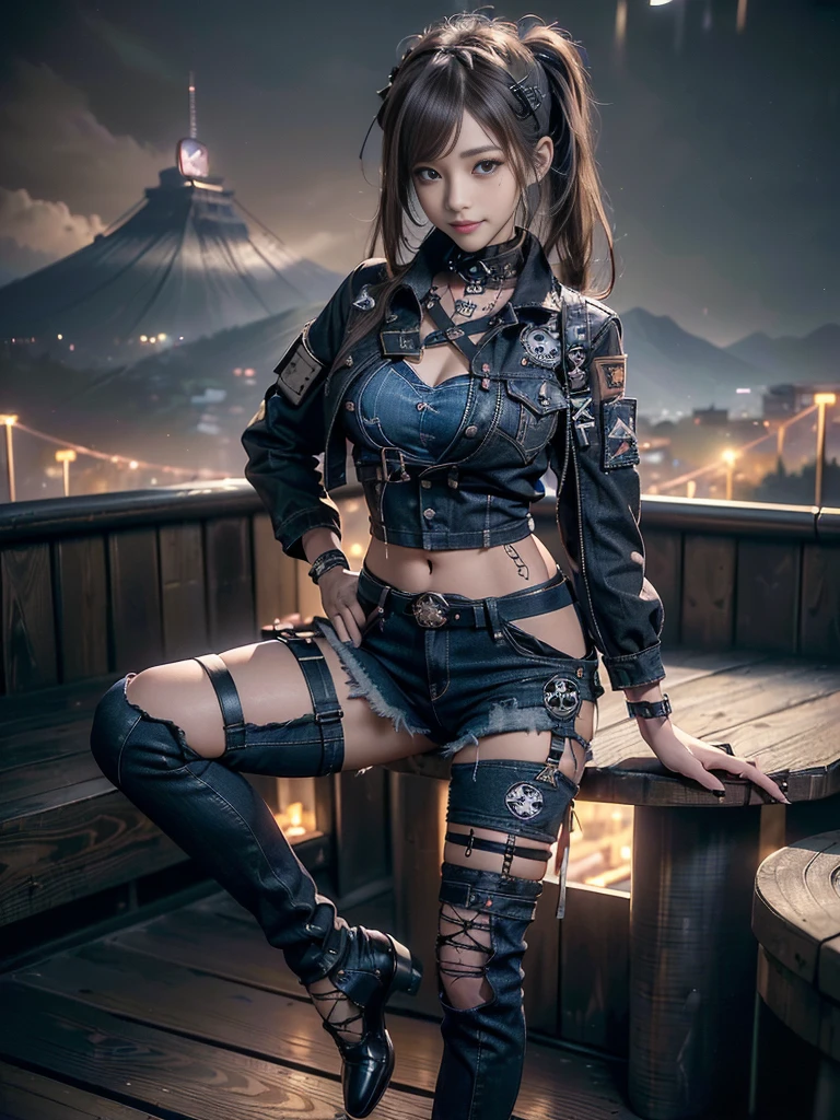 (Beautiful lips and nose:1.4)、(Long eyelashes:1.4)、(Smiling with teeth showing:1.3),(Shibuya Gal:1.5)、(Gothic intricately decorated dress:1.5)、(Tattered denim and black punk rock cargo pants:1.5)、(Denim and black navy skull mark small jacket:1.4)、(denim garter belt:1.5)、(Black and denim knee socks:1.3)、(Skull Silver Accessories:1.5)、(Denim collar:1.3)、(Brown Skin Belt:1.4)、(Brown boots:1.2)、(The underwear is striped:1.4)、3、((Highest quality、In 8K、masterpiece:1.3))、Sharp focus:1.2、(Layered Cut、Huge boobs:1.1),Beautiful woman with perfect figure:1.4、(Dancing vigorously:1.3)、Slender Abs:1.2、Highly detailed face and skin texture、Detailed eyes、double eyelid,(Twin tails:1.3)、(Brown-golden hair:1.3)、Gravure idol、(The background is a vast mountain with a clear view々Beautiful luxury resort destination in Europe:1.3)、(Slim Body:1.2),(Make your legs thinner:1.4),(clavicle:1.1)