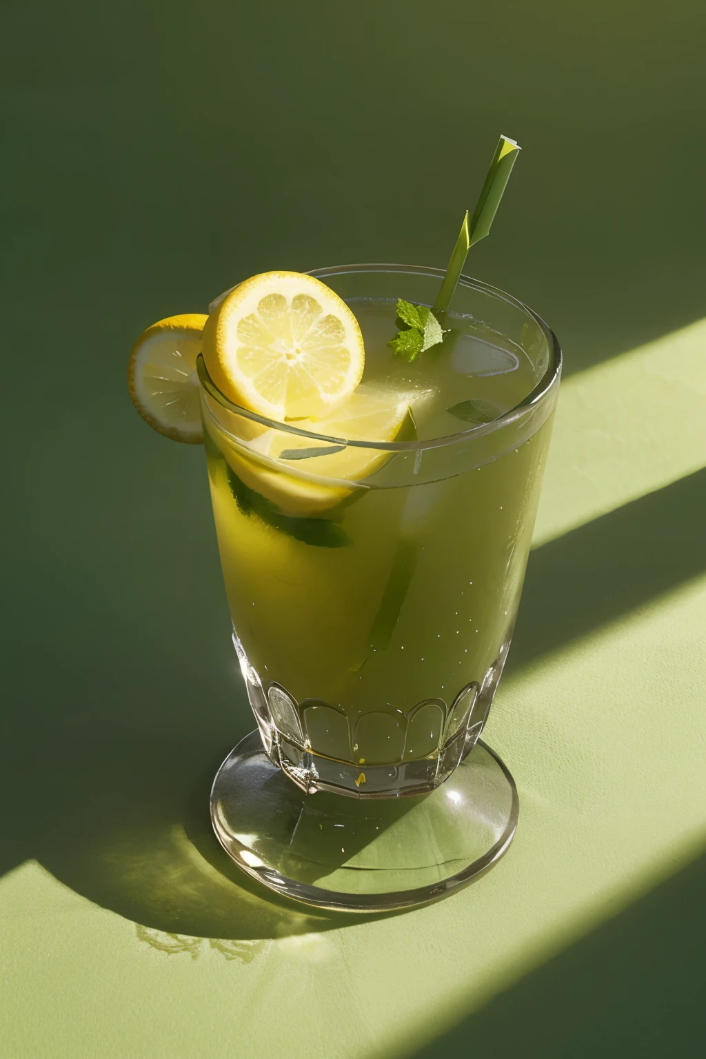 a lemon juice, on a strong green background, with well-defined shadows