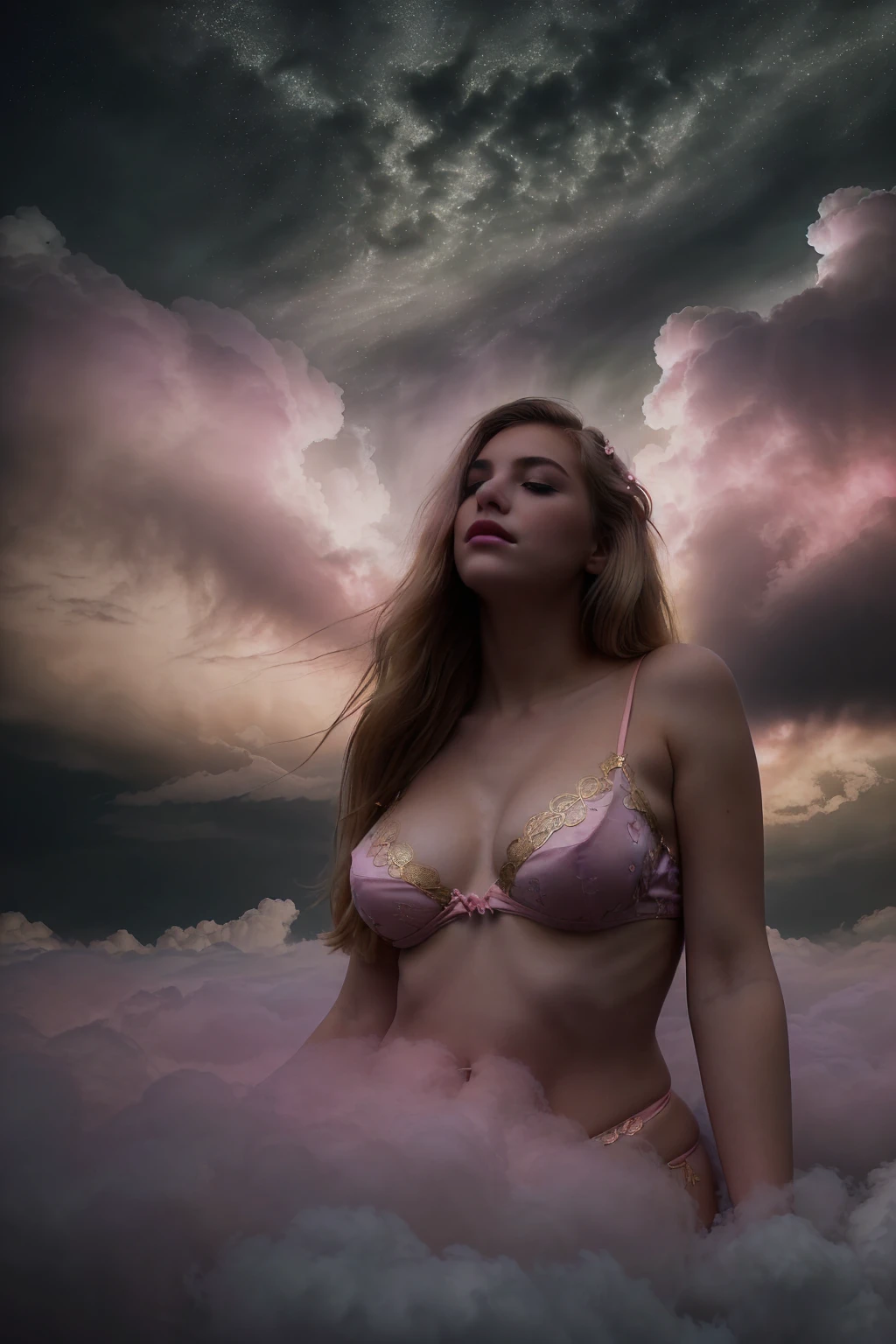 Dreamy Girl in Clouds at night - Double Exposure image at night, featuring A blonde curvy girl with very busty features. 18yo, soft makeup, puffy lips(bold pink-lips), porcelain skin(very pale skin), wide hips. She has long wavy blonde-hair(cascading over her shoulders)-((as she lies among fluffy and dark clouds-like pillows)).
She is wearing a floral print, lingerie top(with gold lacings, intricate lace patterns, that accentuates her large breasts, backlighting and adds to the ethereal quality of the scene), hair-ornament. bottomless, surrounded by a fluffy clouds(Clouds cover her genitals).
((Light Trails of thunders, Incorporate light trails around the subject to simulate motion and add a sense of dynamism and energy)), surrounded by a fluffy clouds(Clouds cover her genitals).
The girl is lying(on her side) on the fluffy clouds, she is surrounded by fluffy clouds.
((The setting is a dreamy dark cloud-like environment created(with soft, dark, fluffy material that mimics the appearance of clouds). backlighting enhances the dreamlike quality.))
Double Exposure Elements(( Intricate overlay: A field of blooming flowers in soft pastel shades and lighting thunders, blending seamlessly with the fluffy dark clouds and thunders))-to enhance the dreamlike atmosphere.
((Color Palette: gold/black from the primary scene, combined with pastel pinks/purples/and greens from the floral overlay)).