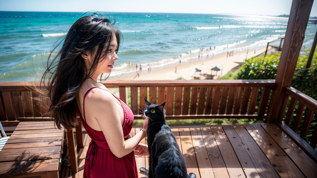 Sandy beach, wooden open terrace,(( woman holding cat)), pleasant breeze,, strong sunlight, sea view, beautiful woman, hair blowing in the wind,