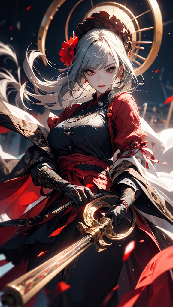masterpiece, high quality, 4K, Beautiful design, silhouette,Gray Hair, 非常に詳細な夜のStarry Sky,Flower Field, wonderful, Finer details, Very knowledgeable woman, Highly detailed solo, 1 female,Red eyes,Big Breasts,Red Gothic Lolita Fashion,Night view,Starry Sky,Red full moon,