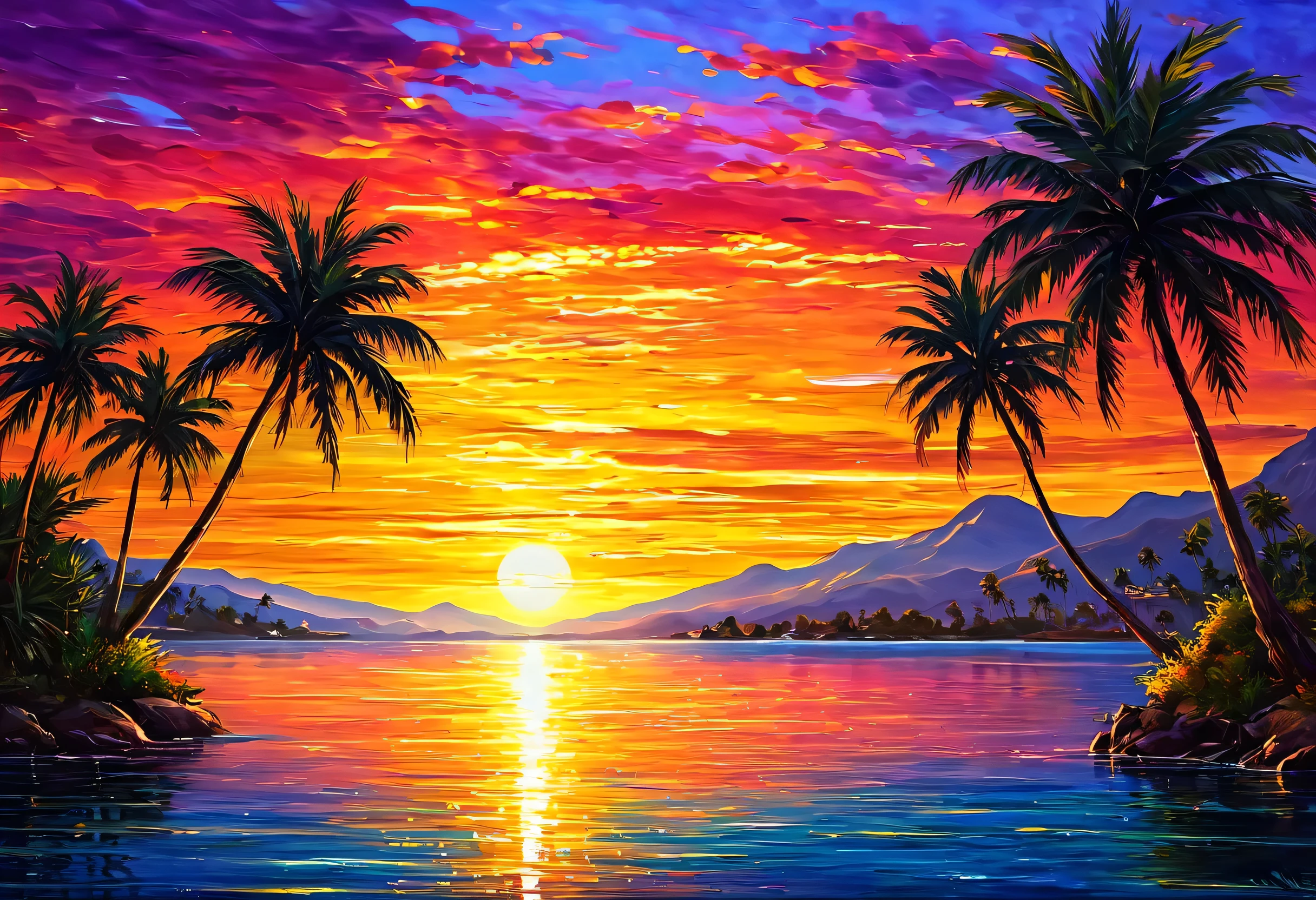 Sunset painting with palm trees and water, Colorful sunset, the most Beautiful sunset, Colorful Landscape Painting, Beautiful Art UHD 4K, Beautiful sunset glow, Beautiful sunset, Beautiful paintings, Landscape painting details, Landscape painting, dream scenery art, Beautiful paintings, Colorful sunset!!, Vibrant sunset, 8K high quality, detailed art, Oil painting style