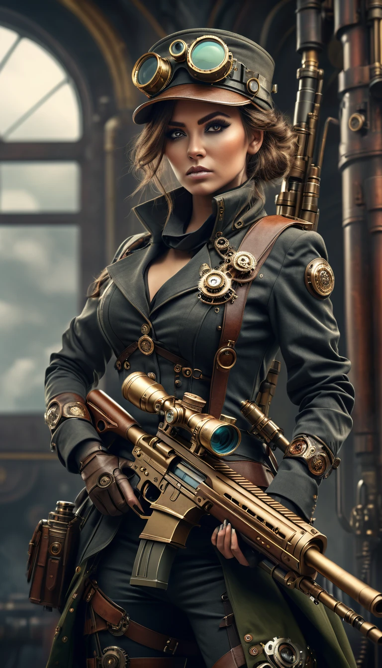 a woman in a steampunk military outfit, detailed digital painting, steampunk version of modern female sniper, steampunk huge sniper rifle, full body shot, detailed face and eyes, cinematic lighting, muted color palette, intricate mechanical details, atmospheric environment, masterpiece, photorealistic, 8k