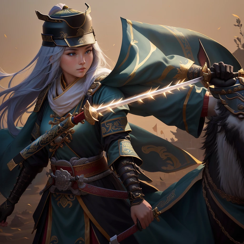 a close up of a girl with a sword and a hat, guan yu, inspired by Hu Zaobin, naranbaatar ganbold, masamune shiro, bian lian, mongol, masamune, feng shu, inspired by Cao Zhibai, inspired by Huang Ding, genghis khan, inspired by Huang Shen, zhao yun,